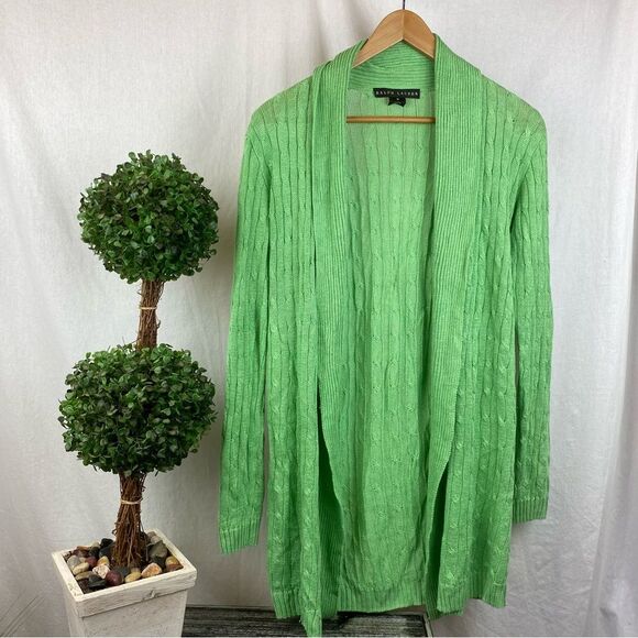 Ralph Lauren Green Knit Open Front Long Sleeve Duster Cardigan Sweater M - Picture 2 of 6